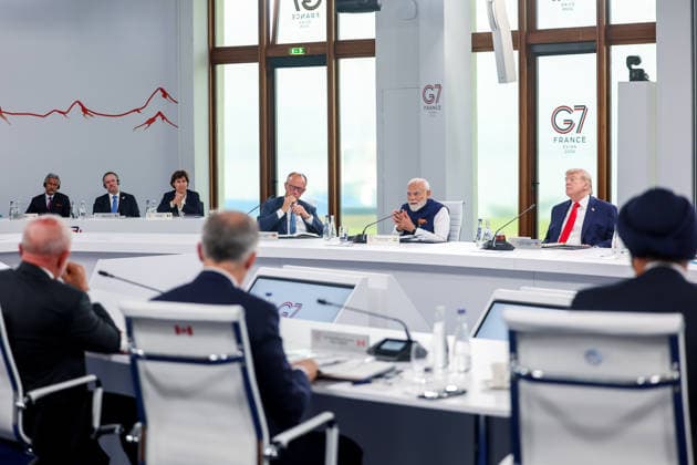 PM Modi participates in the Outreach Session on Forging new Partnerships and rebuilding international solidarity at the G7 Summit Evian, France , Jun 16 (ANI): Prime Minister Narendra Modi participates in the Outreach Session on Forging new Partnerships and rebuilding international solidarity at the G7 Summit, in Evian on Tuesday. US President Donald Trump and other G7 leaders also present. (DPR PMO ANI Photo) Evian France Copyright: xANIx ANI_20260616368