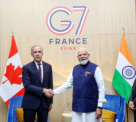 RECORD DATE NOT STATED PM Modi meets Canada™s PM Mark Carney on the sidelines of the G7 Summit Evian, France , Jun 16 (ANI): Prime Minister Narendra Modi meets Canada™s Prime Minister Mark Carney on the sidelines of the G7 Summit, in Evian on Tuesday. (@MEAIndia X ANI Photo) Evian France Copyright: xANIx ANI_20260616393