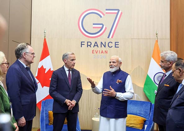 RECORD DATE NOT STATED PM Modi meets Canada™s PM Mark Carney on the sidelines of the G7 Summit Evian, France , Jun 16 (ANI): Prime Minister Narendra Modi meets Canada™s Prime Minister Mark Carney on the sidelines of the G7 Summit, in Evian on Tuesday. (@MEAIndia X ANI Photo) Evian France Copyright: xANIx ANI_20260616394