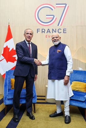 RECORD DATE NOT STATED PM Modi meets Canada™s PM Mark Carney on the sidelines of the G7 Summit Evian, France , Jun 16 (ANI): Prime Minister Narendra Modi meets Canada™s Prime Minister Mark Carney on the sidelines of the G7 Summit, in Evian on Tuesday. (@narendramodi X ANI Photo) Evian France Copyright: xANIx ANI_20260616402