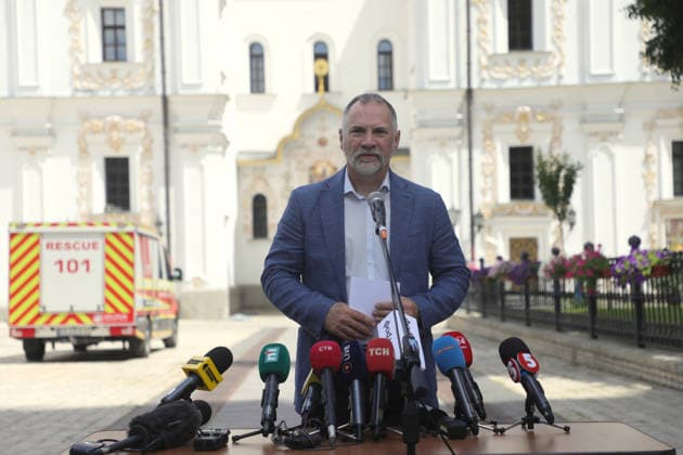 Director General of the Kyiv Pechersk Lavra National Preserve Maksym Ostapenko speaks during a briefing on the consequences of the Russian attack on cultural heritage sites at the Kyiv Pechersk Lavra National Preserve, Kyiv, Ukraine, June 16, 2026. During the briefing, speakers presented the first results of the damage assessment, outlined the losses, priority measures to eliminate the consequences, and further steps to restore the affected facilities. On the night of June 15, Russian troops launched a massive combined strike on the Ukrainian capital. At least five facilities of national importance and several of local significance sustained damage, including the Dormition Cathedral of the Kyiv-Pechersk Lavra, the Ukraina National Palace of  Copyright: xYuliiaxOvsiannikovax