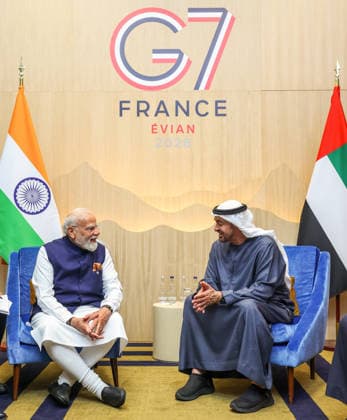 PM Modi meets UAE President Sheikh Mohamed bin Zayed Al Nahyan on the sidelines of the G7 Summit Evian, France , Jun 16 (ANI): Prime Minister Narendra Modi meets UAE President Sheikh Mohamed bin Zayed Al Nahyan on the sidelines of the G7 Summit, in Evian on Tuesday. (DPR PMO ANI Photo) Evian France Copyright: xANIx ANI_20260616403