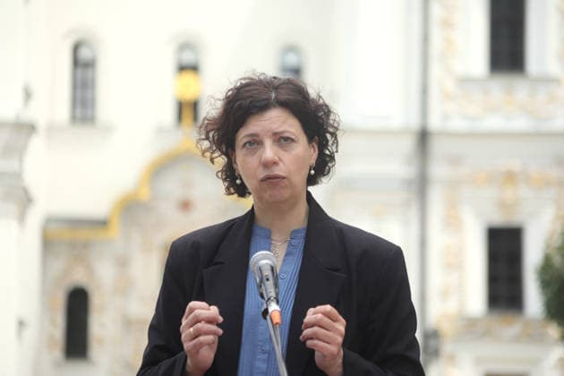 Director General of the Mystetskyi Arsenal National Cultural, Art and Museum Complex Olesia Ostrovska-Liuta speaks during a briefing on the consequences of the Russian attack on cultural heritage sites at the Kyiv Pechersk Lavra National Preserve, Kyiv, Ukraine, June 16, 2026. During the briefing, speakers presented the first results of the damage assessment, outlined the losses, priority measures to eliminate the consequences, and further steps to restore the affected facilities. On the night of June 15, Russian troops launched a massive combined strike on the Ukrainian capital. At least five facilities of national importance and several of local significance sustained damage, including the Dormition Cathedral of the Kyiv-Pechersk Lavra, t  Copyright: xYuliiaxOvsiannikovax