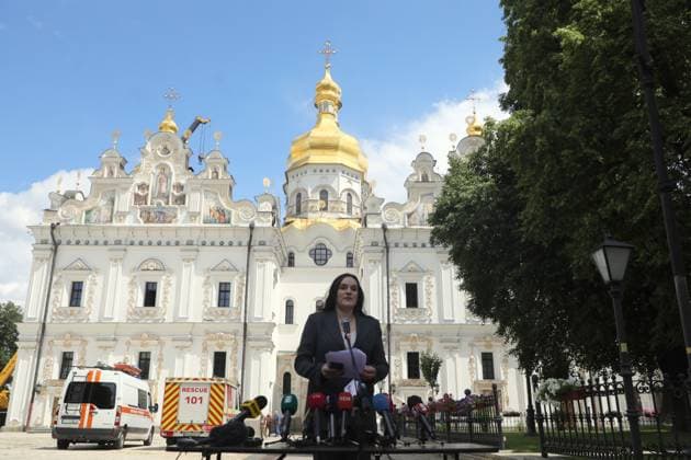 Deputy Prime Minister for Humanitarian Policy of Ukraine and Minister of Culture of Ukraine Tetiana Berezhna speaks during a briefing on the consequences of the Russian attack on cultural heritage sites at the Kyiv Pechersk Lavra National Preserve, Kyiv, Ukraine, June 16, 2026. During the briefing, speakers presented the first results of the damage assessment, outlined the losses, priority measures to eliminate the consequences, and further steps to restore the affected facilities. On the night of June 15, Russian troops launched a massive combined strike on the Ukrainian capital. At least five facilities of national importance and several of local significance sustained damage, including the Dormition Cathedral of the Kyiv-Pechersk Lavra,  Copyright: xYuliiaxOvsiannikovax