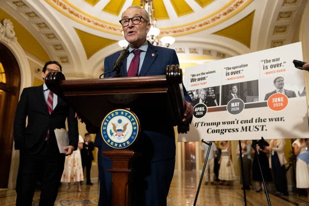 Senate Dems Post-Policy Luncheon Presser WASHINGTON, DC - JUNE 16: Senate Minority Leader Chuck Schumer (D-NY) speaks at a press conference with other members of Senate Democratic leadership following a policy luncheon at the U.S. Capitol in Washington, DC on June 16, 2026. Nathan Posner Anadolu Washington United States. Editorial use only. Please get in touch for any other usage.  Copyright: x2026xAnadoluxNathanxPosnerx
