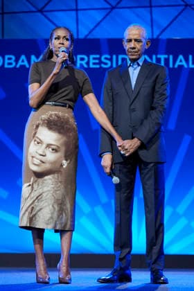 Former President Barack Obama on stage with former first lady Michelle Obama at a stakeholders event at the Obama Presidential Center, Tuesday, June 16, 2026, in Chicago, Illinois. The Obama Library officially opens to the public on Friday June 19, 2026. Pool  CHI2026061606 PabloxMartinezxMonsivais