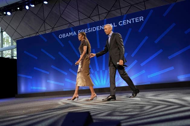 Former President Barack Obama on stage with former first lady Michelle Obama at a stakeholders event at the Obama Presidential Center, Tuesday, June 16, 2026, in Chicago, Illinois. The Obama Library officially opens to the public on Friday June 19, 2026. Pool  CHI2026061607 PabloxMartinezxMonsivais