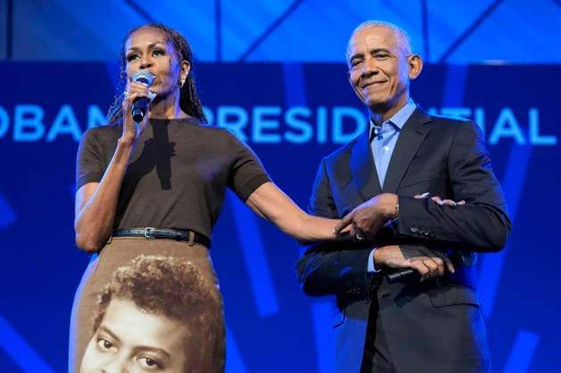 Former President Barack Obama on stage with former first lady Michelle Obama at a stakeholders eventat the Obama Presidential Center, Tuesday, June 16, 2026, in Chicago, Illinois. The Obama Library officially opens to the public on Friday June 19, 2026. Pool  CHI2026061608 PabloxMartinezxMonsivais