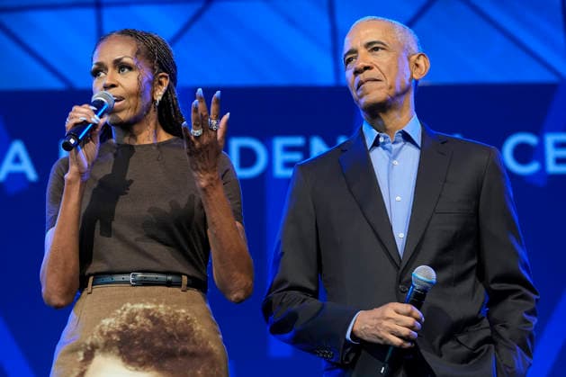 Former President Barack Obama and former first lady Michelle Obama speaking at a stakeholders event at the Obama Presidential Center, Tuesday, June 16, 2026, in Chicago, Illinois. The Obama Library officially opens to the public on Friday June 19, 2026. Pool  CHI2026061615 PabloxMartinezxMonsivais