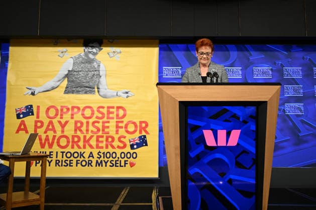 PAULINE HANSON PRESS CLUB, A banner is seen behind One Nation leader Pauline Hanson as she addresses the National Press Club in Canberra, Wednesday, June 17, 2026. ( NO ARCHIVING CANBERRA AUSTRALIAN CAPITAL TERRITORY AUSTRALIA  Copyright: xLUKASxCOCHx 20260617161030938815