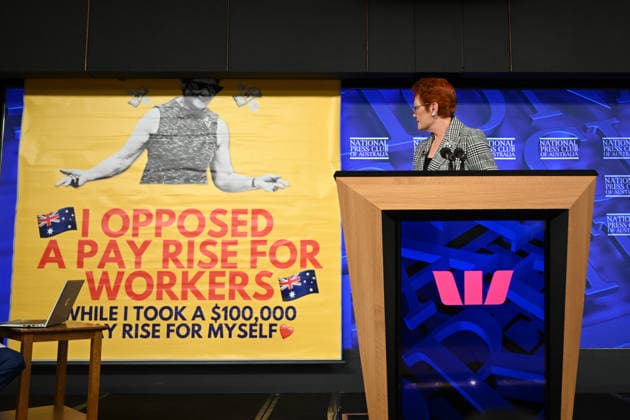 PAULINE HANSON PRESS CLUB, A banner is seen behind One Nation leader Pauline Hanson as she addresses the National Press Club in Canberra, Wednesday, June 17, 2026. ( NO ARCHIVING CANBERRA AUSTRALIAN CAPITAL TERRITORY AUSTRALIA  Copyright: xLUKASxCOCHx 20260617178972653697