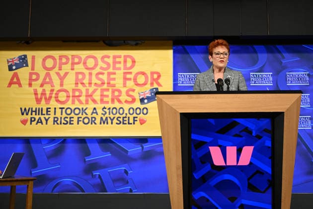 PAULINE HANSON PRESS CLUB, A banner is seen behind One Nation leader Pauline Hanson as she addresses the National Press Club in Canberra, Wednesday, June 17, 2026. ( NO ARCHIVING CANBERRA AUSTRALIAN CAPITAL TERRITORY AUSTRALIA  Copyright: xLUKASxCOCHx 20260617187275442329