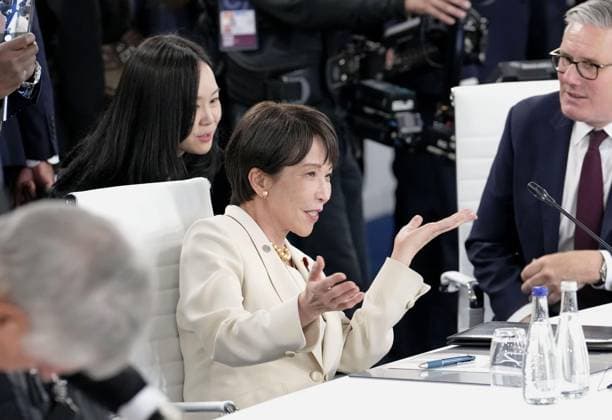 G7 summit in France Japanese Prime Minister Sanae Takaichi speaks during a working session on the second day of a three-day Group of Seven summit in Evian-les-Bains, France, on June 16, 2026.  A14AA0005619063P