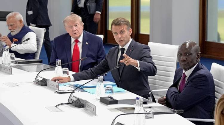 G7 summit in France (From L) Indian Prime Minister Narendra Modi, U.S. President Donald Trump, French President Emmanuel Macron and Kenyan President William Ruto attend a working session on the second day of a three-day Group of Seven summit in Evian-les-Bains, France, on June 16, 2026.  A14AA0005619064P