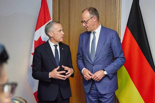 Évian-les-Bains, Frankreich, 17.06.2026: G7-Gipfel: Mark Carney, Premierminister von Kanada, und Bundeskanzler Friedrich Merz (CDU) bei einem bilateralen Treffen *** Évian-les-Bains, France, June 17, 2026 Copyright: xdtsxNachrichtenagenturx dts_123618