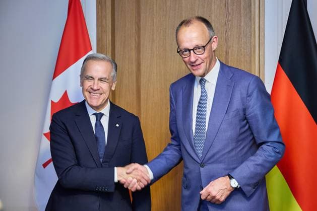 Évian-les-Bains, Frankreich, 17.06.2026: G7-Gipfel: Mark Carney, Premierminister von Kanada, und Bundeskanzler Friedrich Merz (CDU) bei einem bilateralen Treffen *** Évian-les-Bains, France, June 17, 2026 Copyright: xdtsxNachrichtenagenturx dts_123620