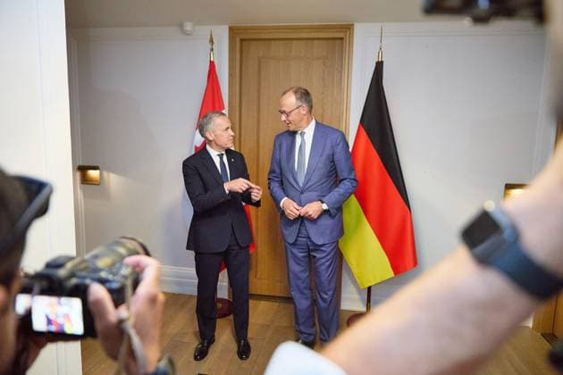 Évian-les-Bains, Frankreich, 17.06.2026: G7-Gipfel: Mark Carney, Premierminister von Kanada, und Bundeskanzler Friedrich Merz (CDU) bei einem bilateralen Treffen *** Évian-les-Bains, France, June 17, 2026 Copyright: xdtsxNachrichtenagenturx dts_123622