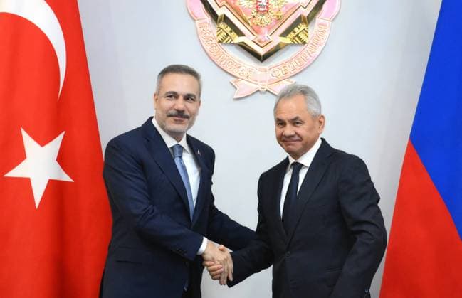 Russia Turkey 9190447 17.06.2026 Turkish Foreign Minister Hakan Fidan and Russian Security Council Secretary Sergei Shoigu shake hands as they pose for photos before a meeting in Moscow, Russia. Grigory Sysoev Sputnik Moscow Russia  Copyright: xGrigoryxSysoevx
