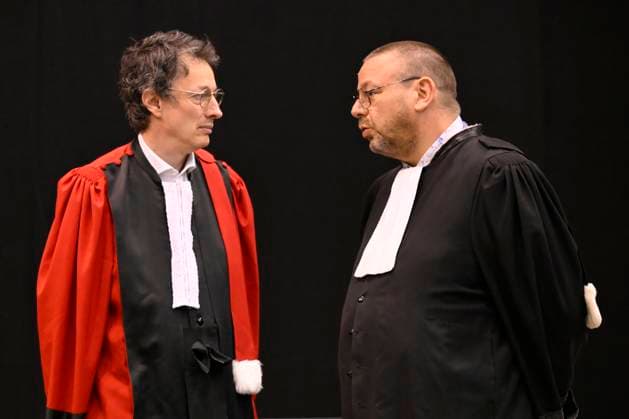 Sentencing Ruling In Paolo and Antonino Falzone Trial MONS, BELGIUM - JUNE 17 : Gilles Dupuis, Public prosecutor and David Gelay, lawyer;pictured the day of the sentencing of the P. and A. Falzone trial : the trial concerns the Strépy-Bracquegnies tragedy of 2022, in which a car crashed into a carnival procession, killing seven people and injuring many others on June 17, 2026 in Mons, Belgium, 17 06 2026 Mons Belgium  Copyright: xPhilipxReynaersx