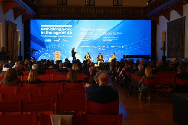 IPA85779058 - Venice, 19th COTEC Europe Symposium on the theme Rethinking Work in the Age of AI: Transformation, Opportunity, and Governance at the Giorgio Cini Foundation on the island of San Giorgio Maggiore Pictured: Francesca Nieddu, Joao Barros, Gloria Andrada  Copyright: xMatteoxChinellatox xMatteoxChinellatox 85779058