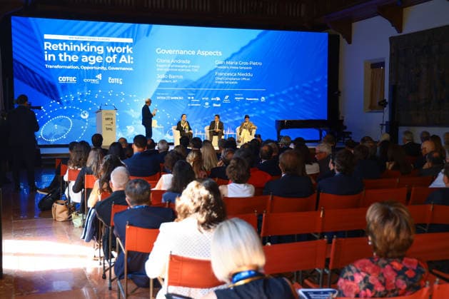 IPA85779059 - Venice, 19th COTEC Europe Symposium on the theme Rethinking Work in the Age of AI: Transformation, Opportunity, and Governance at the Giorgio Cini Foundation on the island of San Giorgio Maggiore Pictured: Francesca Nieddu, Joao Barros, Gloria Andrada  Copyright: xMatteoxChinellatox xMatteoxChinellatox 85779059