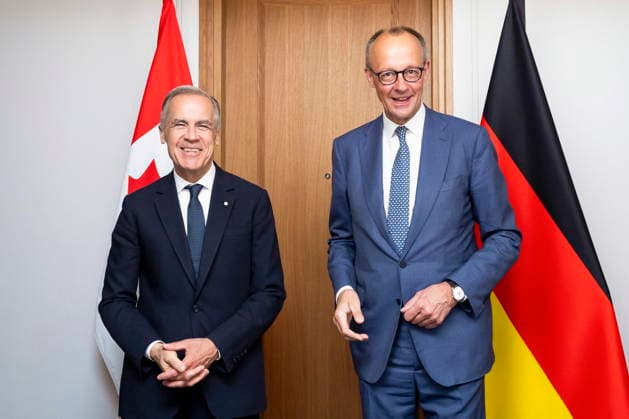 June 17, 2026, Evian-Les-Bains, France: Prime Minister Mark Carney, left, meets with German Chancellor Friedrich Merz during the G7 summit in Evian-les-Bains, France, on Wednesday, June 17, 2026. Evian-Les-Bains France  - ZUMAc35_ 20260617_zaf_c35_017 Copyright: xChristopherxKatsarovx