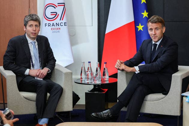 Sam Altman, CEO of OpenAI, and President Emmanuel Macron in an interview during the G7 summit in Evian on June 17, 2026. Dominique Jacovides, Bestimage. President Emmanuel Macron is interviewed during the G7 summit in Evian, France.,detected_source_language  Copyright: xDOMINIQUExJACOVIDESx xBESTIMAGExDOMINIQUExJACOVIDESx xBESTIMAGEx