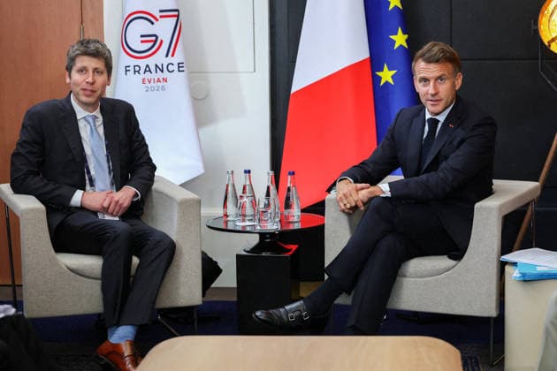 Sam Altman, CEO of OpenAI, and President Emmanuel Macron in an interview during the G7 summit in Evian on June 17, 2026. Dominique Jacovides, Bestimage. President Emmanuel Macron is interviewed during the G7 summit in Evian, France.,detected_source_language  Copyright: xDOMINIQUExJACOVIDESx xBESTIMAGExDOMINIQUExJACOVIDESx xBESTIMAGEx