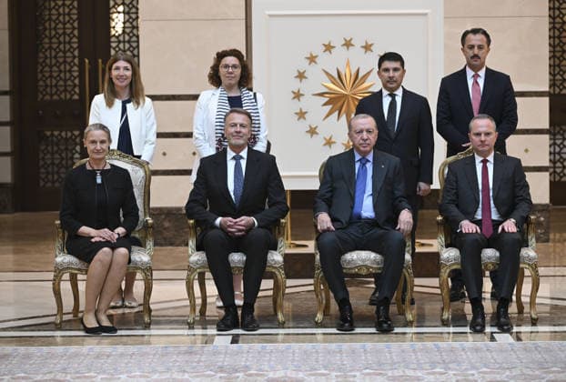 Turkish President Recep Tayyip Erdogan ANKARA, TURKIYE - JUNE 17: Turkish President Recep Tayyip Erdogan poses for a photo with European Union Delegation Ambassador Aivo Orav (front 2nd L), his family members and members of the Embassy after receiving his letter of credence at the Presidential Complex in Ankara, Turkiye on June 17, 2026. Utku Ucrak Anadolu Ankara Turkey. Editorial use only. Please get in touch for any other usage.  Copyright: x2026xAnadoluxUtkuxUcrakx