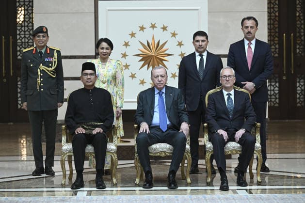 Turkish President Recep Tayyip Erdogan ANKARA, TURKIYE - JUNE 17: Turkish President Recep Tayyip Erdogan poses for a photo with Malaysian Ambassador Adlan Mohd Shaffieq (L), his family members and members of the Embassy after receiving his letter of credence at the Presidential Complex in Ankara, Turkiye on June 17, 2026. Utku Ucrak Anadolu Ankara Turkey. Editorial use only. Please get in touch for any other usage.  Copyright: x2026xAnadoluxUtkuxUcrakx