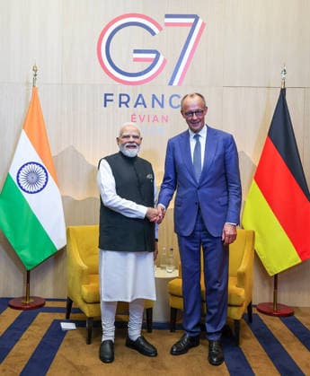 RECORD DATE NOT STATED Prime Minister Narendra Modi meets German Chancellor Friedrich Merz Evian France , Jun 17 (ANI): Prime Minister Narendra Modi meets German Chancellor Friedrich Merz, at the G7 Summit, in Evian on Wednesday. (@narendramodi X ANI Photo) Evian France Copyright: xANIx ANI_20260617244