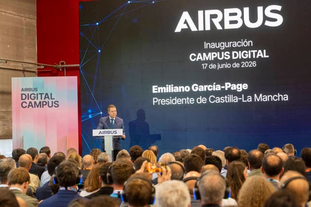 Page Inaugurates the New Airbus Digital Campus in Albacete The president of Castilla-La Mancha, Emiliano García Page, speaks during the inauguration of the new Airbus Digital Campus on June 17, 2026, in Albacete, Castilla-La Mancha, Spain. Airbus inaugurates its new Digital Campus, a center dedicated to training and the development of technological solutions for the aerospace sector. The facility strengthens the company’s industrial and innovation presence in Castilla-La Mancha. JUNE 17, 2026 Víctor Ferná Albacete, Castilla-La Mancha Albacete, Castilla-La Mancha, Spain,detected_source_language  Copyright: xVictorxFernandezx 7603759