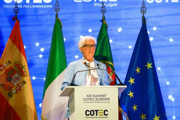 Christine Lagarde At 19th COTEC Europe Symposium - Venice Christine Lagarde, President of the European Central Bank, speaks during the 19th COTEC Europe Symposium on the theme Rethinking Work in the Age of AI: Transformation, Opportunity, and Governance at the Giorgio Cini Foundation on the island of San Giorgio Maggiore in Venice, Italy on June 17, 2026. Photo by Matteo Chinellato IPA ABACAPRESS.COM Venice Italy  Copyright: xIPA ABACAx