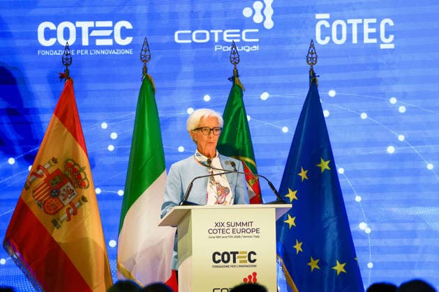Christine Lagarde At 19th COTEC Europe Symposium - Venice Christine Lagarde, President of the European Central Bank, speaks during the 19th COTEC Europe Symposium on the theme Rethinking Work in the Age of AI: Transformation, Opportunity, and Governance at the Giorgio Cini Foundation on the island of San Giorgio Maggiore in Venice, Italy on June 17, 2026. Photo by Matteo Chinellato IPA ABACAPRESS.COM Venice Italy  Copyright: xIPA ABACAx