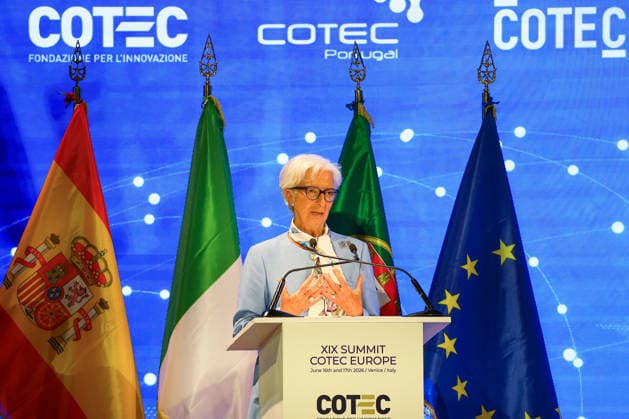 Christine Lagarde At 19th COTEC Europe Symposium - Venice Christine Lagarde, President of the European Central Bank, speaks during the 19th COTEC Europe Symposium on the theme Rethinking Work in the Age of AI: Transformation, Opportunity, and Governance at the Giorgio Cini Foundation on the island of San Giorgio Maggiore in Venice, Italy on June 17, 2026. Photo by Matteo Chinellato IPA ABACAPRESS.COM Venice Italy  Copyright: xIPA ABACAx
