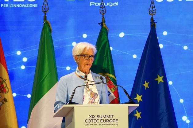Christine Lagarde At 19th COTEC Europe Symposium - Venice Christine Lagarde, President of the European Central Bank, speaks during the 19th COTEC Europe Symposium on the theme Rethinking Work in the Age of AI: Transformation, Opportunity, and Governance at the Giorgio Cini Foundation on the island of San Giorgio Maggiore in Venice, Italy on June 17, 2026. Photo by Matteo Chinellato IPA ABACAPRESS.COM Venice Italy  Copyright: xIPA ABACAx