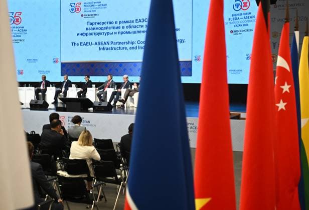 Russia ASEAN Business Forum 9190690 17.06.2026 Speakers attend a session The EAEU ASEAN Partnership: Cooperation in Energy, Infrastructure, and Industry of the Russia-ASEAN Business Forum on the sidelines of the Russia-ASEAN Summit in Kazan, Republic of Tatarstan, Russia. Maksim Bogodvid Sputnik Kazan Republic of Tatarstan Russia  Copyright: xMaksimxBogodvidx