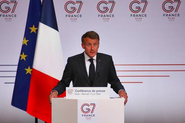 Évian-les-Bains, Frankreich, 17.06.2026: G7-Gipfel: Frankreichs Präsident Emmanuel Macron gibt am letzten Gipfeltag eine Pressekonferenz *** Évian-les-Bains, France, June 17, 2026 G7 Summit Copyright: xdtsxNachrichtenagenturx dts_123693