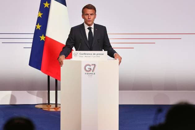 Évian-les-Bains, Frankreich, 17.06.2026: G7-Gipfel: Frankreichs Präsident Emmanuel Macron gibt am letzten Gipfeltag eine Pressekonferenz *** Évian-les-Bains, France, June 17, 2026 G7 Summit Copyright: xdtsxNachrichtenagenturx dts_123694