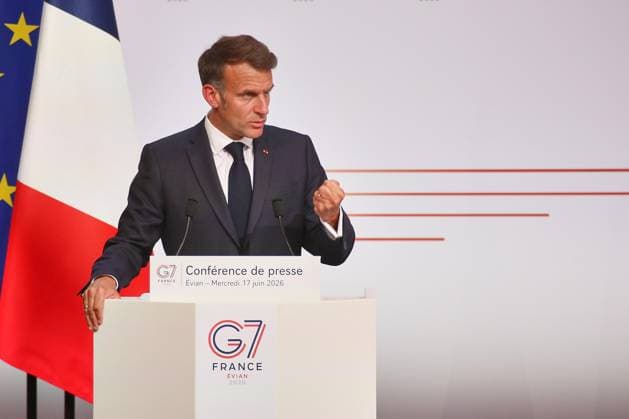 Évian-les-Bains, Frankreich, 17.06.2026: G7-Gipfel: Frankreichs Präsident Emmanuel Macron gibt am letzten Gipfeltag eine Pressekonferenz *** Évian-les-Bains, France, June 17, 2026 G7 Summit Copyright: xdtsxNachrichtenagenturx dts_123695