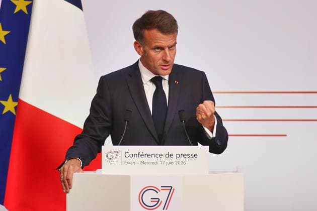 Évian-les-Bains, Frankreich, 17.06.2026: G7-Gipfel: Frankreichs Präsident Emmanuel Macron gibt am letzten Gipfeltag eine Pressekonferenz *** Évian-les-Bains, France, June 17, 2026 G7 Summit Copyright: xdtsxNachrichtenagenturx dts_123696
