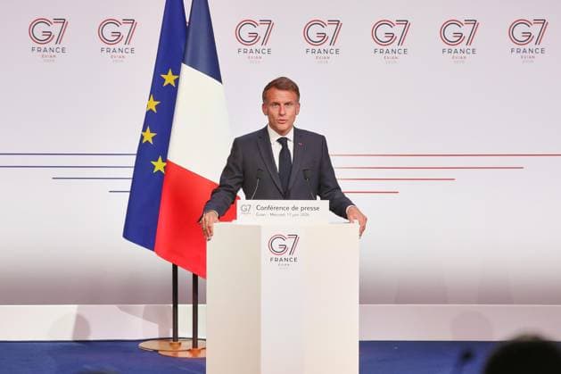 Évian-les-Bains, Frankreich, 17.06.2026: G7-Gipfel: Frankreichs Präsident Emmanuel Macron gibt am letzten Gipfeltag eine Pressekonferenz *** Évian-les-Bains, France, June 17, 2026 G7 Summit Copyright: xdtsxNachrichtenagenturx dts_123697