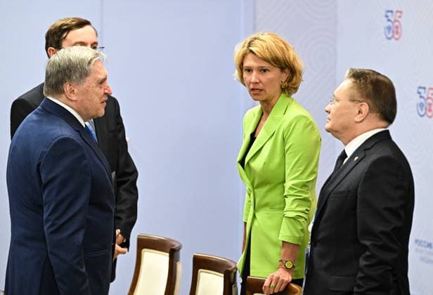 RUSSIA, REPUBLIC OF TATARSTAN - JUNE 17, 2026: Russian President Putin s adviser Yuri Ushakov, Russia s Agriculture Minister Oksana Lut, and Rosatom State Corporation Director General Alexei Likhachev (L-R front) are seen ahead of the 2026 Russia-ASEAN Summit at the Kazan Expo Exhibition Centre in Bolshiye Kabany, southeast of Kazan Russia  - ZUMAt113 20260617_zaa_t113_286 Copyright: xSergeixBobylevx