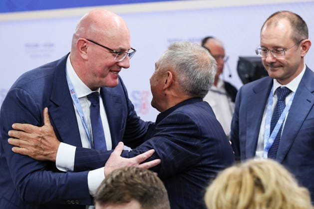 RUSSIA, REPUBLIC OF TATARSTAN - JUNE 17, 2026: Russia s Deputy Prime Minister Dmitry Chernyshenko and Rustam Minnikhanov (L-R), Head of the Republic of Tatarstan, embrace during a meeting between Russia s President Vladimir Putin and Bongbong Marcos Jr, President of the Philippines, on the sidelines of the 2026 Russia-ASEAN Summit at the Kazan Expo Exhibition Centre in Bolshiye Kabany, southeast of Kazan. Alexander Shcherbak TASS  93946499