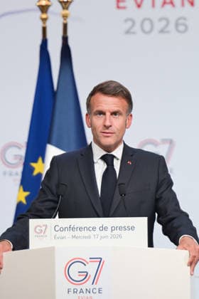 G7 Summit - Macron Closing Press Conference French President Emmanuel Macron speaks during the closing press conference of the G7 summit, in Evian, eastern France, on June 17, 2026. Photo by Ammar Abd Rabbo ABACAPRESS.COM Evian France  Copyright: xAbdxRabboxAmmar ABACAx