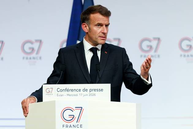 G7 SUMMIT PHOTO PQR LE DAUPHINE Grégory YETCHMENIZA Évian-les-Bains June 17, 2026 Évian-les-Bains, Haute-Savoie, June 17 Press conference by Emmanuel Macron Grégory Yetchmeniza Le Dauphiné Libéré Evian, France, June 17, 2026 G7 summit Local Caption Évian-les-Bains, Haute-Savoie, Rhône-Alpes, France,detected_source_language  Copyright: xPHOTOPQR LExDAUPHINE MAXPPPxGrégoryxYETCHMENIZAx 20260617JDL9951 20260617JDL9951