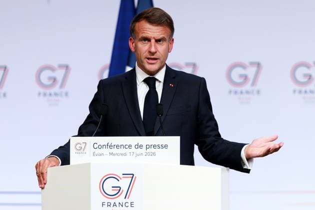 G7 SUMMIT PHOTO PQR LE DAUPHINE Grégory YETCHMENIZA Évian-les-Bains June 17, 2026 Évian-les-Bains, Haute-Savoie, June 17 Press conference by Emmanuel Macron Grégory Yetchmeniza Le Dauphiné Libéré Evian, France, June 17, 2026 G7 summit Local Caption Évian-les-Bains, Haute-Savoie, Rhône-Alpes, France,detected_source_language  Copyright: xPHOTOPQR LExDAUPHINE MAXPPPxGrégoryxYETCHMENIZAx 20260617JDL9955 20260617JDL9955