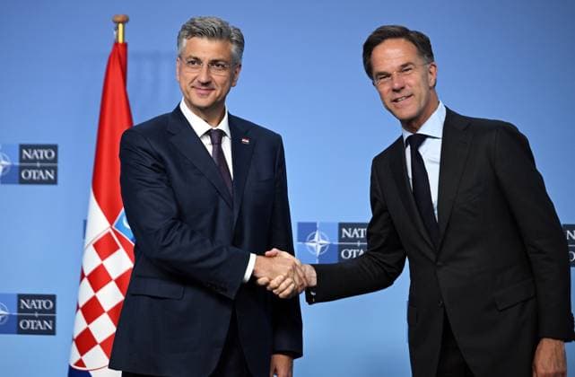 NATO Secretary General Rutte meets Croatian PM Plenkovic in Brussels BRUSSELS, BELGIUM - JUNE 17: NATO Secretary General Mark Rutte (R) meets with Croatian Prime Minister Andrej Plenkovic (L) at the NATO Headquarters in Brussels, Belgium on June 17, 2026. Dursun Aydemir Anadolu Brussels Belgium. Editorial use only. Please get in touch for any other usage.  Copyright: x2026xAnadoluxDursunxAydemirx