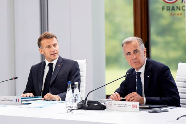 June 17, 2026, Evian-Les-Bains, France: President of France Emmanuel Macron, left, and Prime Minister Mark Carney look on ahead of a G7 working session at the G7 summit in Evian-les-Bains, France, on Wednesday, June 17, 2026. Evian-Les-Bains France  - ZUMAc35_ 20260617_zaf_c35_059 Copyright: xChristopherxKatsarovx