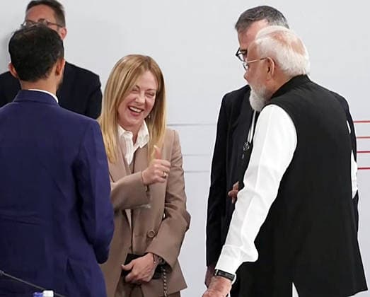 RECORD DATE NOT STATED PM Modi interacts with world leaders at the G7 Summit in France s Evian Evian France , Jun 17 (ANI): Prime Minister Narendra Modi interacts with Italy s Prime Minister Giorgia Meloni during the G7 Summit, in Evian on Wednesday. (DD ANI Video Grab) Evian France Copyright: xANIx ANI_20260617316